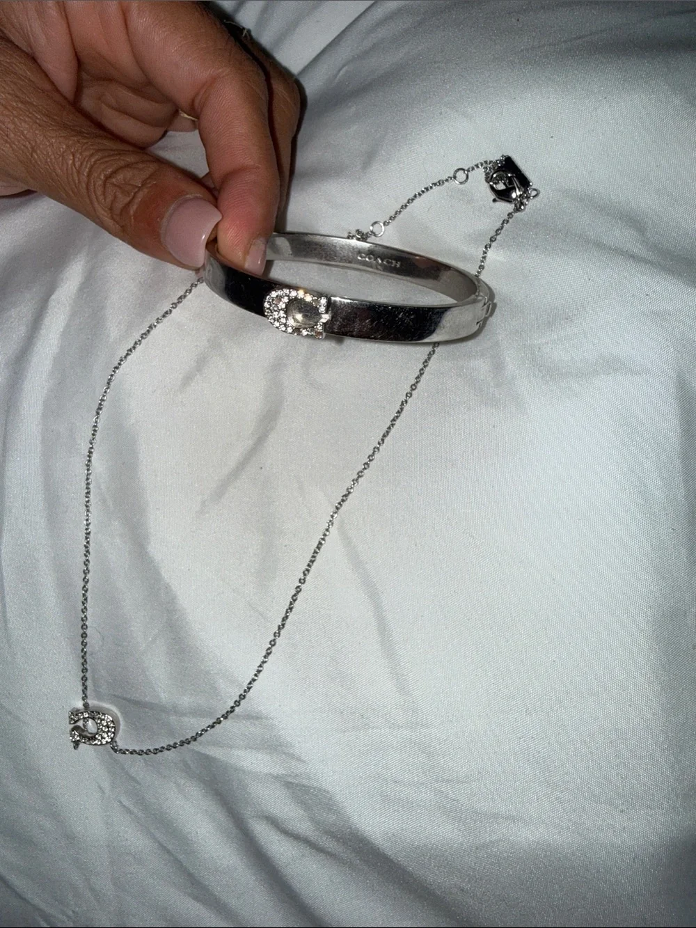 Coach Silver Crystal-Embellished Bracelet and Necklace‎ Set